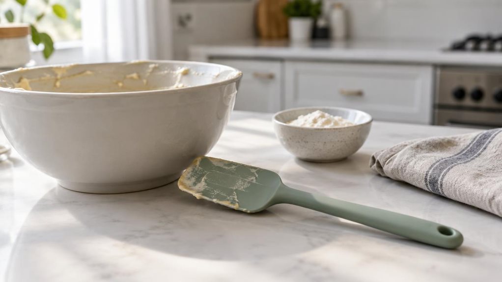 A photograph of a single heat-resistant silicone spatula resting naturally beside a mixing bowl on a bright, modern kitchen counter, composed horizontally in a 16:9 landscape frame. Its smooth, flexible head and sturdy handle are clearly visible, with a few traces of batter suggesting recent use without showing anyone cooking. A folded linen towel and a small bowl of ingredients sit nearby, creating a relaxed, lived-in setting. Soft window light falls across the countertop, b