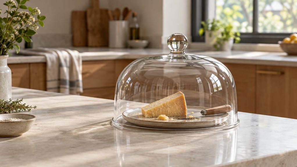 A photograph of a single clear glass cheese dome with a matching cover, resting on a pale stone kitchen island in a calm, modern home. A small wedge of golden cheese sits on a simple ceramic plate beneath the dome, with a few crumbs and a cheese knife nearby for a natural, lived-in touch. The product is the crisp focal point, its curved glass catching soft highlights and revealing the cheese inside. In the softly blurred background, warm wood cabinetry, a linen tea towel, and