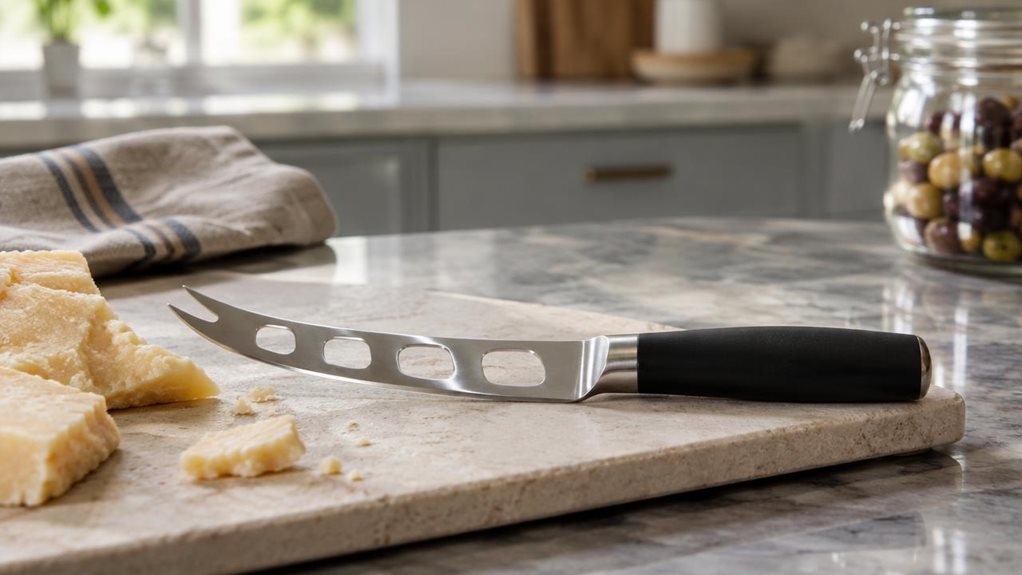 A photograph of a single cheese knife resting on a pale stone serving board in a calm, modern kitchen, composed as a horizontal 16:9 landscape scene. The knife is the clear hero: a polished stainless-steel blade with distinctive cutouts and a gently forked tip, paired with a simple dark handle, shown in crisp, realistic detail. Nearby, a few small pieces of aged cheese and a folded linen napkin suggest an everyday tasting setup without making the scene feel staged. The knife 