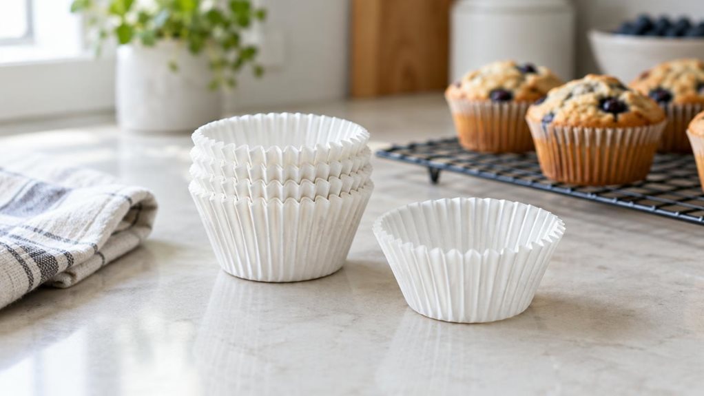 A photograph of a single stack of white paper muffin baking cups resting on a pale stone kitchen counter, beside a cooling rack and a folded linen tea towel. The cups are gently nested, their fluted edges crisp and clearly visible, with one cup set slightly apart to show its shape. A few baked muffins sit softly out of focus farther back, suggesting a home-baking setting without distracting from the product. The horizontally composed 16:9 landscape scene feels candid and obse