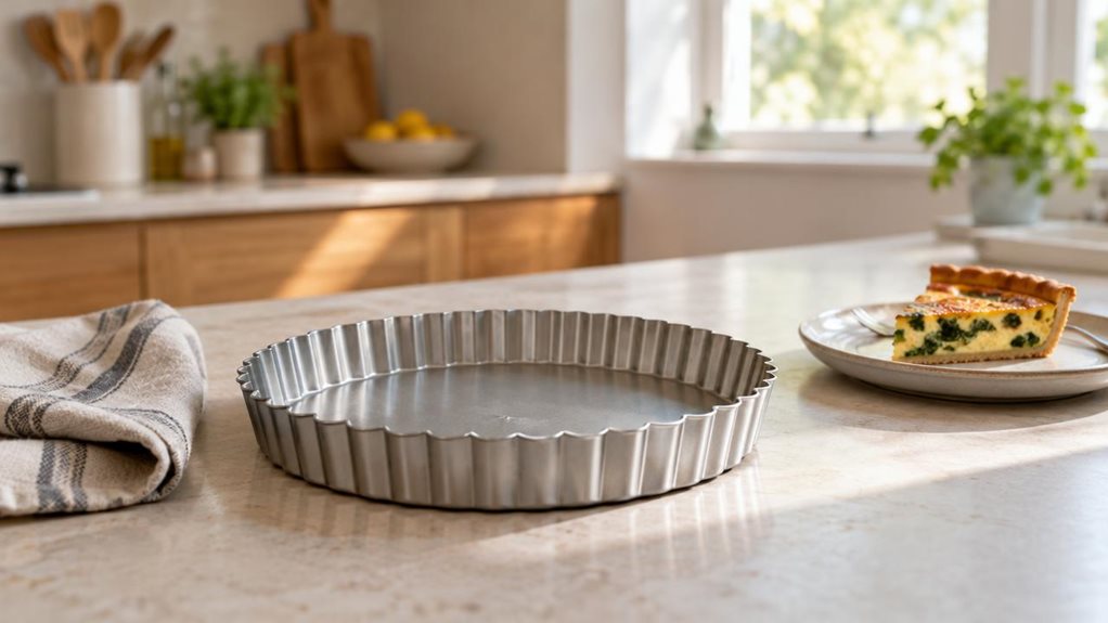 A photograph of a single round quiche tin resting on a pale stone kitchen counter, its fluted metal sides and gently reflective surface clearly visible. The tin sits beside a folded linen tea towel and a small plate holding a slice of freshly baked quiche, suggesting a relaxed home-baking setting without showing anyone in action. In the softly blurred background, warm wooden cabinetry, a few simple kitchen utensils, and a sunlit window create a calm, lived-in atmosphere. Natu