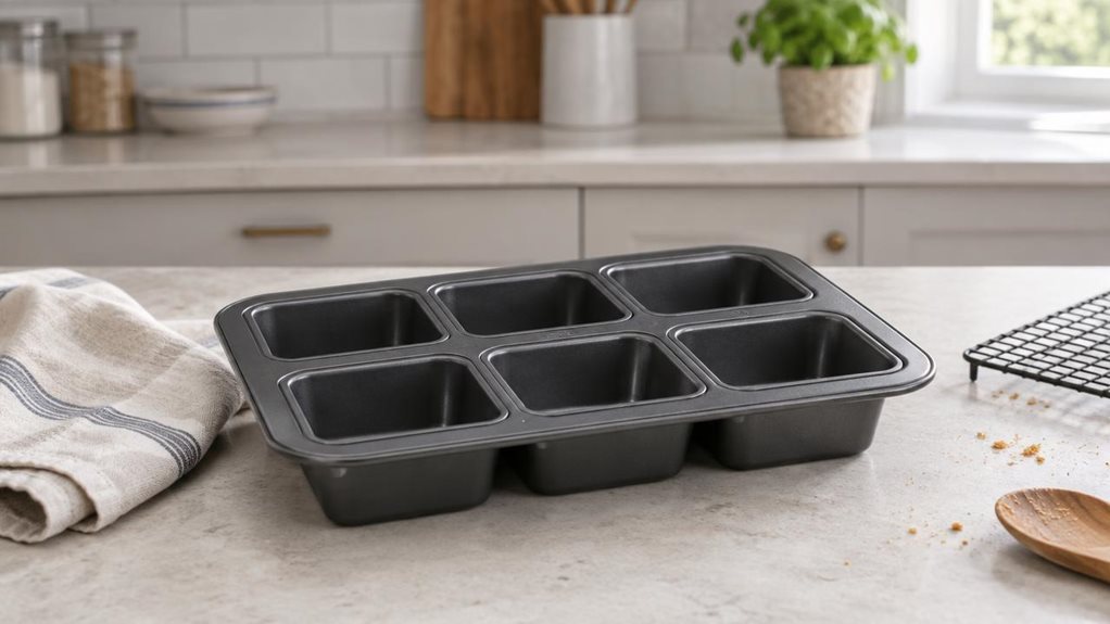 A photograph of a single mini loaf tin resting on a pale stone kitchen counter, shown in a horizontally composed 16:9 landscape scene. The dark, nonstick metal pan has several neatly formed loaf cavities, with realistic softly rounded edges and a subtle satin sheen. It sits beside a folded linen tea towel and a small cooling rack in a bright, contemporary home kitchen, suggesting a baking review without feeling staged. A few crumbs and a wooden spoon nearby add quiet, everyda