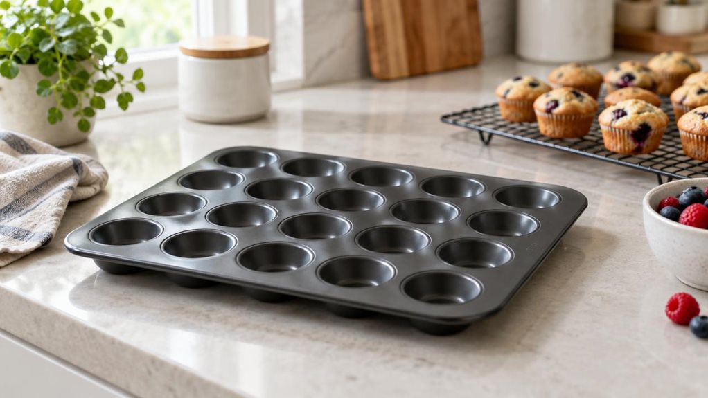 A photograph of a single mini muffin tin resting on a pale stone countertop in a bright, modern home kitchen, composed as a horizontal 16:9 landscape scene. The dark, nonstick metal pan is the clear hero, its rows of small rounded cups catching soft highlights from a nearby window. A few freshly baked mini muffins sit casually on a cooling rack in the background, with a folded linen towel and a small bowl of berries adding a natural, lived-in touch. The arrangement feels cand
