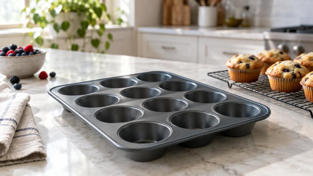A photograph of a single dark-gray, nonstick muffin tin resting on a pale stone countertop in a bright, modern home kitchen. The 12-cup pan is the clear hero, viewed at a gentle three-quarter angle that shows its sturdy rolled rim, evenly spaced wells, and subtle matte finish. A few golden muffins sit nearby on a cooling rack, suggesting a recent bake without making the scene feel staged; a folded linen towel and a small bowl of berries add understated domestic detail. The co