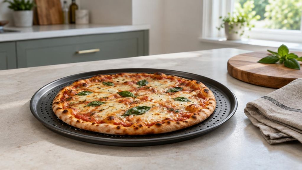 A photograph of a single 28 cm round pizza tray resting on a pale stone kitchen counter, horizontally composed in a 16:9 landscape frame. The dark, finely perforated metal tray is the clear hero, holding a freshly baked thin-crust pizza with lightly browned edges, melted cheese, and a few scattered basil leaves. A simple wooden pizza board and folded linen napkin sit nearby, suggesting an everyday home kitchen without looking staged. In the softly blurred background, understa