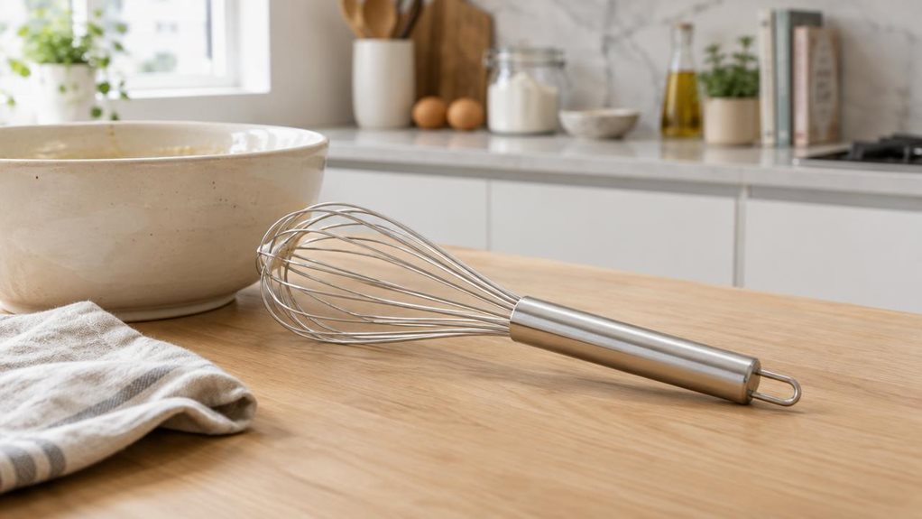 A photograph of a single 29 cm stainless-steel whisk resting casually in a modern kitchen beside a ceramic mixing bowl and a folded linen towel, captured in a horizontally composed 16:9 landscape frame. The whisk is heroed naturally on a light oak countertop, angled slightly toward the viewer as if set down between tasks, with the polished wires catching soft daylight from a nearby window. The setting feels calm and lived-in, with matte white cabinetry, a subtle marble backsp