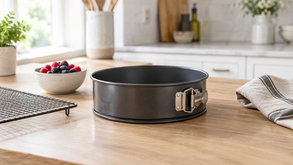 A photograph of a single springform cake tin resting on a light oak kitchen counter beside a cooling rack, a small bowl of berries, and a folded linen towel, captured in a horizontally composed 16:9 landscape scene. The tin is centered as the hero object, shown in-situ in a bright, modern home kitchen with clean white cabinetry, subtle stone textures, and soft neutral styling. It has a sleek dark nonstick finish, a sturdy latch, and a removable base, with realistic highlights