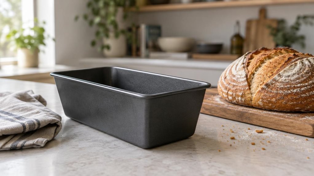 A photograph of a single sturdy loaf tin resting on a pale stone countertop in a calm, modern home kitchen, composed horizontally in a 16:9 landscape frame. The dark, nonstick pan is the clear hero, shown at a natural three-quarter angle so its rectangular shape, gently flared sides, and subtle textured finish are easy to see. A freshly baked sourdough loaf sits nearby on a wooden board, its golden crust and flour-dusted ridges suggesting the tin’s everyday purpose without ma