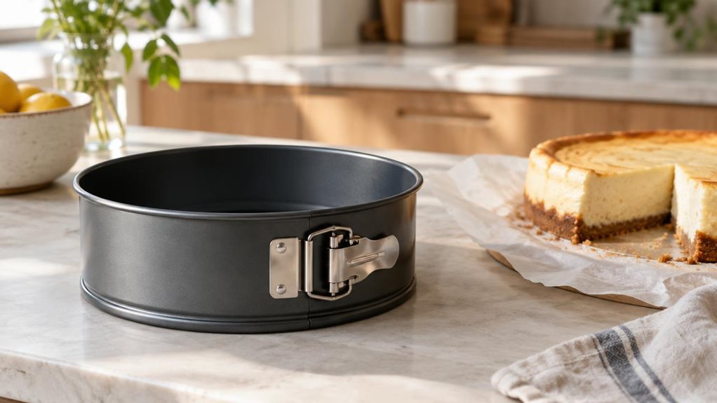 A photograph of a single springform cake pan with a clean safe-click latch, resting naturally on a light stone kitchen countertop in a modern, sunlit home, framed in a horizontal 16:9 landscape composition. The pan is shown in-situ beside a partially sliced cheesecake on parchment and a simple linen towel, suggesting everyday baking use without any staged action. Soft morning light washes across the matte metal surface, highlighting the smooth rim and precise clasp detail, wh