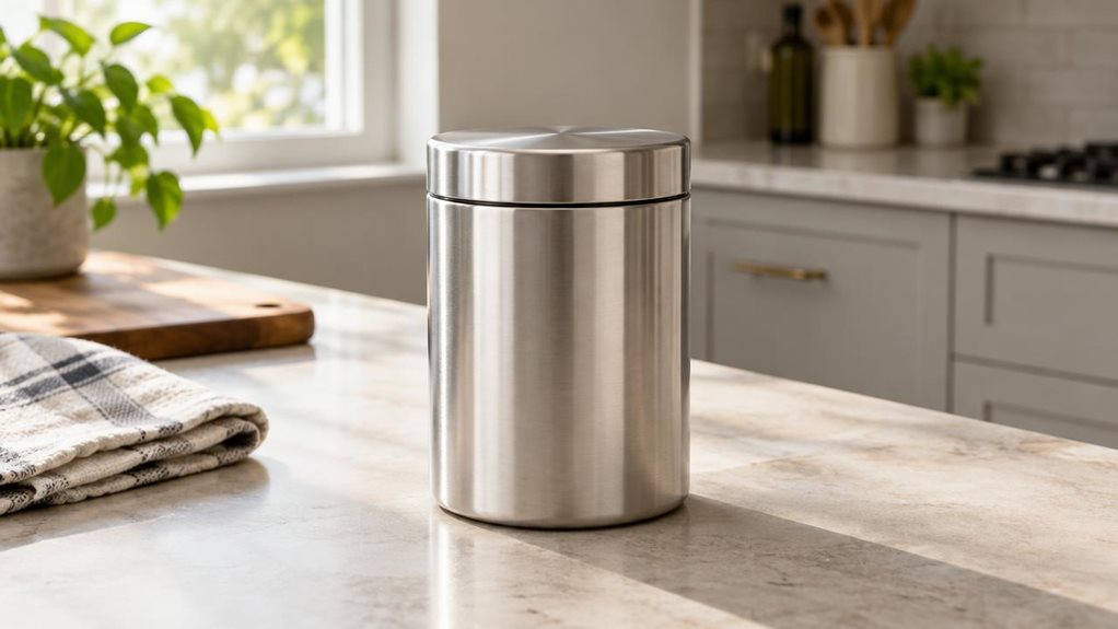 A photograph of a single stainless steel storage jar with a 1200 ml capacity, resting naturally on a pale stone kitchen counter. The jar has a clean cylindrical shape, a brushed-metal finish, and a snug fitted lid, with realistic highlights reflecting the softly lit kitchen. A folded linen tea towel and a small wooden cutting board sit nearby, suggesting an everyday home setting without distracting from the product. The horizontally composed 16:9 landscape scene feels candid 