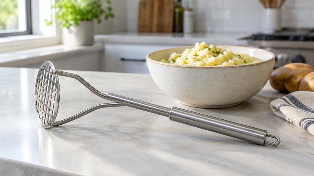 A photograph of a single stainless steel potato masher resting beside a ceramic bowl of freshly mashed potatoes on a clean, modern kitchen countertop. Its long, approximately 80-centimeter handle and sturdy mashing plate are clearly visible, with subtle brushed-metal reflections and realistic proportions. A folded linen towel and a few whole potatoes nearby suggest an everyday home-cooking setting without cluttering the scene. The composition is horizontal in a 16:9 landscape
