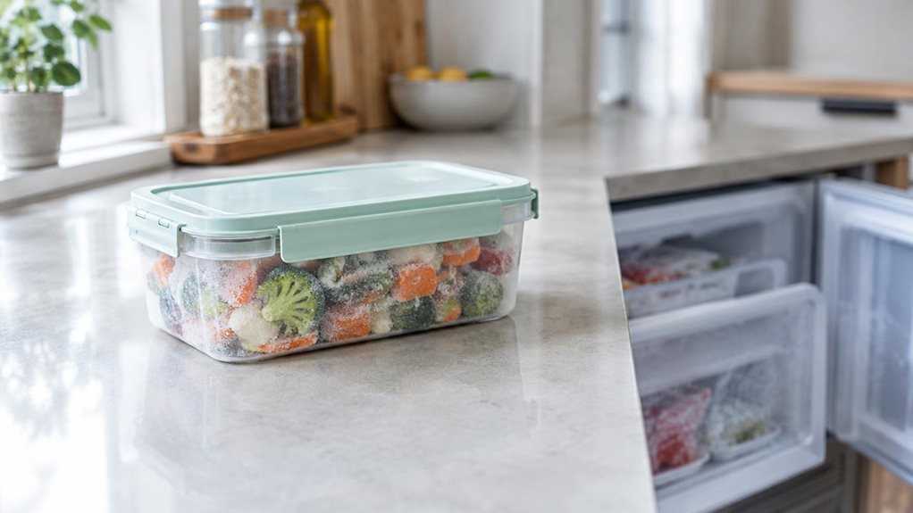 A photograph of a single clear plastic freezer storage container with a pale mint snap-on lid, resting casually on a clean stone kitchen counter beside a softly frosted freezer drawer, as if recently pulled out for meal prep. The horizontally composed 16:9 scene feels like a candid lifestyle shot taken with a high-end camera, with the container heroed in the foreground and the surrounding modern kitchen softly fading into a gentle blur. Natural daylight spills in from a nearb