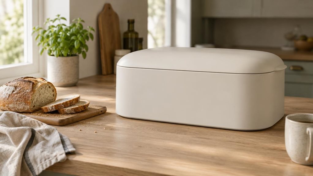 A photograph of a single sleek bread bin resting on a light oak kitchen counter, captured in a horizontally composed 16:9 landscape frame. The bin has a softly rounded rectangular shape, a smooth matte cream finish, and a gently curved lid, with no visible branding. It is the clear hero of the scene, surrounded by a few everyday kitchen details: a linen tea towel, a small wooden cutting board, and a couple of crumbs that make the setting feel naturally lived in. A loaf of cru