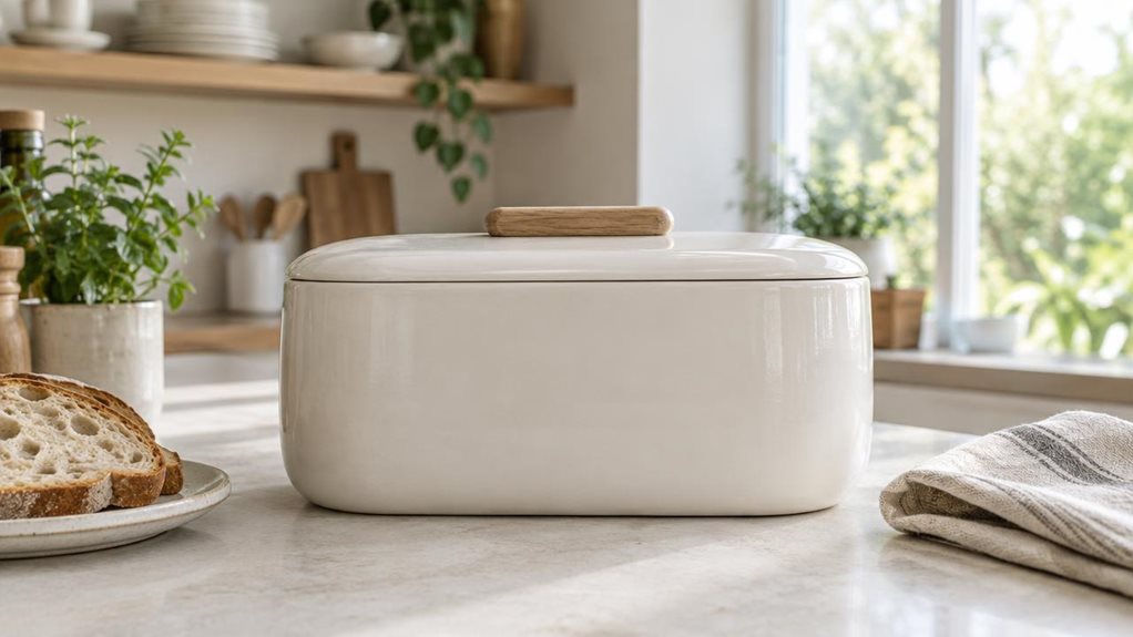 A photograph of a single elegant ceramic bread box resting on a pale stone kitchen counter in a bright, modern home. The box has a softly rounded rectangular shape, a smooth warm-white glaze, and a fitted lid with a subtle wooden handle; no branding or lettering is visible. A folded linen tea towel and a small plate with a few slices of rustic bread sit nearby, adding a natural, lived-in touch without competing with the product. The scene is horizontally composed in a 16:9 la