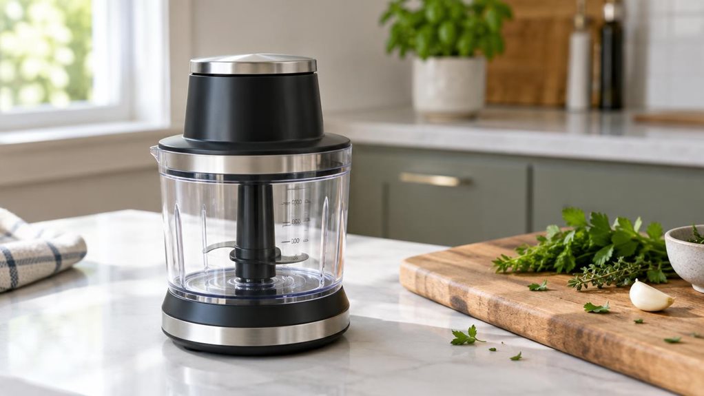 A photograph of a single compact food chopper resting on a bright kitchen counter, composed horizontally in a 16:9 landscape frame. Its clear chopping bowl, dark base, and brushed-silver accents are shown in crisp detail, with the lid set neatly in place and the power cord tucked out of sight. The chopper sits naturally beside a wooden cutting board scattered with a few herbs and a peeled garlic clove, suggesting everyday meal preparation without showing anyone using it. Soft
