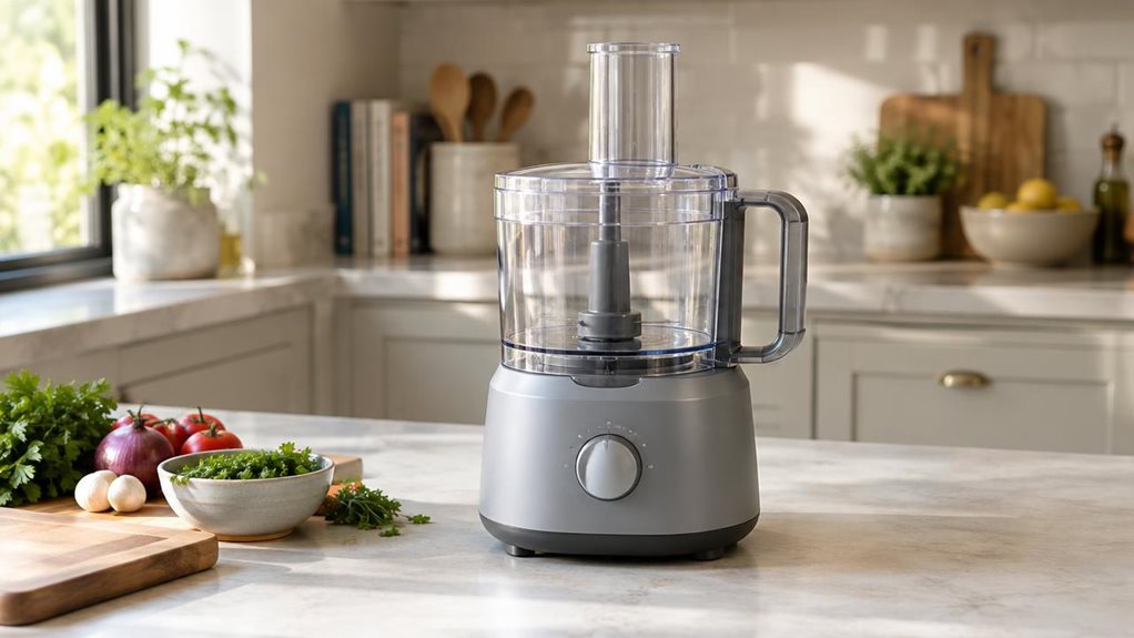 A photograph of a single compact food processor in a calm, modern home kitchen, composed horizontally in a 16:9 landscape frame. The appliance sits naturally on a pale stone countertop beside a wooden chopping board, a small bowl of fresh herbs, and a few neatly arranged vegetables, as if someone has just finished preparing the space. Its softly rounded body, muted grey finish, clear work bowl, and fitted lid are shown in crisp detail, with no food processing underway. Warm d