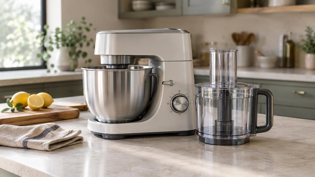 A photograph of a single multifunction kitchen appliance, shown as the hero of a horizontally composed 16:9 landscape scene. The appliance sits naturally on a pale stone countertop in a calm, modern home kitchen, with one mixing bowl and a clear processor attachment arranged neatly beside its base to suggest its versatile use. A folded linen tea towel, a wooden chopping board, and a few fresh lemons add understated everyday detail without distracting from the product. The sce