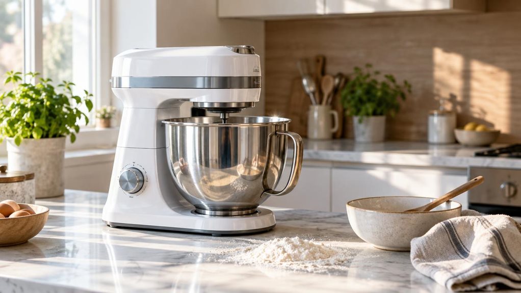 A photograph of a sunlit kitchen countertop, taken at a slight eye-level angle to capture a horizontally composed 16:9 scene. The hero subject is a sleek, white and silver multi-function stand mixer, its glossy bowl attachment catching soft morning light streaming through a nearby window. The appliance sits naturally on a marble countertop, slightly off-center to the left, surrounded by everyday kitchen elements: a small pile of flour dusted nearby, a wooden spoon resting aga
