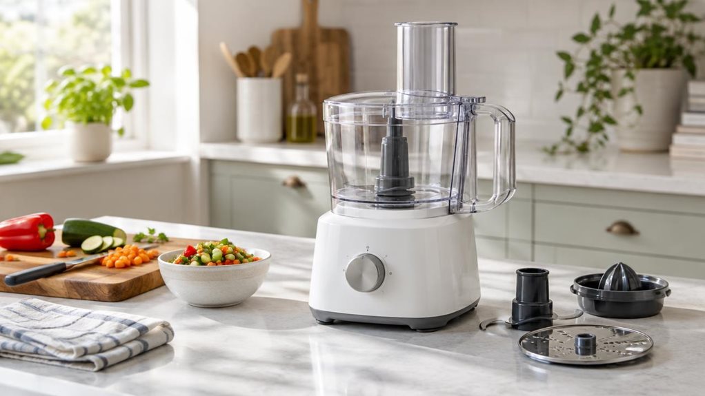 A photograph of a single compact food processor resting on a bright kitchen countertop, composed horizontally in a 16:9 landscape frame. The appliance is the clear hero, with a sturdy white base, a transparent work bowl, a fitted lid, and a few neatly arranged attachments beside it. Its realistic proportions and subtle controls suggest a practical everyday kitchen tool, while avoiding prominent logos or text. Around it, a casually placed wooden chopping board, a small bowl of