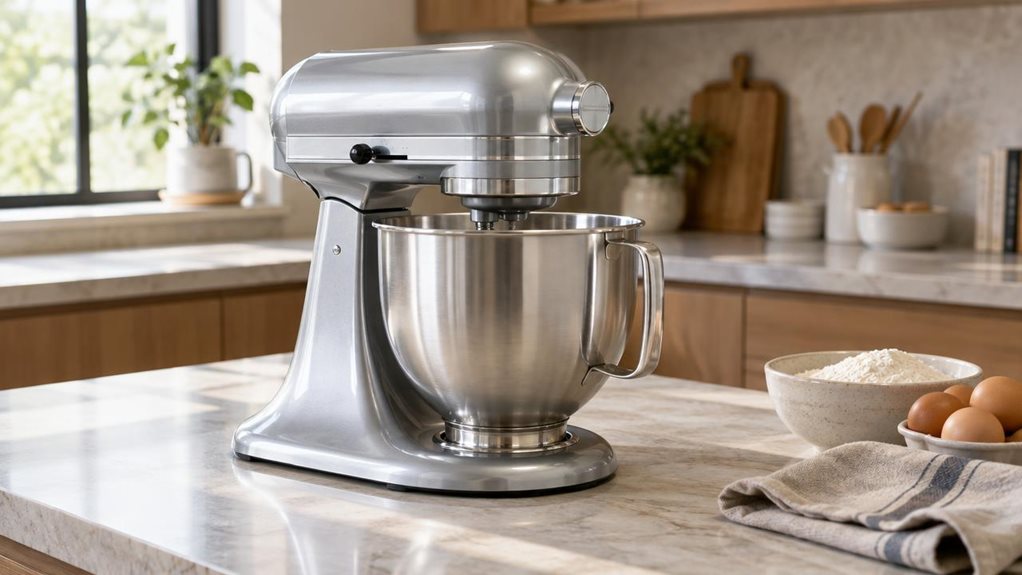 A photograph of a single silver stand mixer with a broad metal mixing bowl, displayed on a pale stone countertop in a calm, modern home kitchen. The mixer is the clear hero, shown at a natural three-quarter angle with its polished body, rounded head, and subtle control details rendered realistically, but with no visible brand name or lettering. Nearby, a folded linen towel, a small bowl of flour, and a few eggs suggest a baker’s workspace without making the scene feel staged