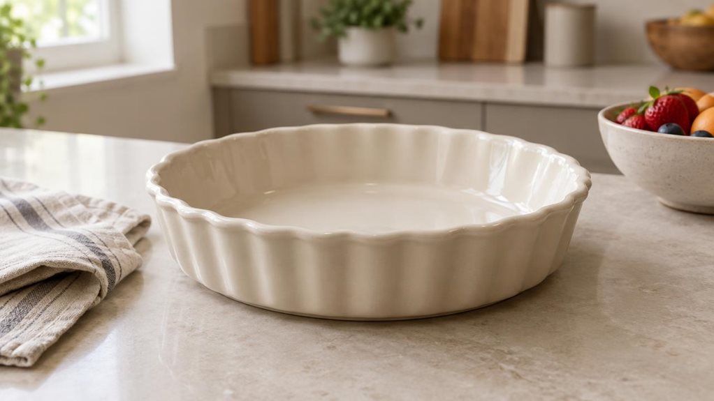 A photograph of a single 31 cm scalloped stoneware baking mould resting on a pale stone kitchen counter, horizontally composed in a 16:9 landscape frame. The mould is the clear hero: a substantial, warm ivory dish with a gently glossy glaze, fluted sides, and a softly rounded rim, shown empty and angled slightly toward the viewer so its shape and craftsmanship are easy to see. Nearby, a folded linen tea towel and a small bowl of fresh fruit add quiet signs of everyday kitchen