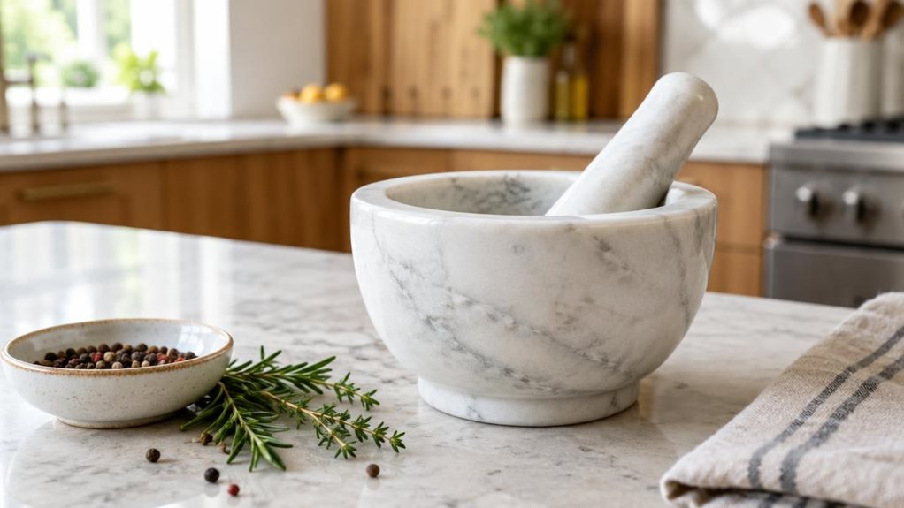 A photograph of a single white marble mortar and pestle resting on a pale stone kitchen counter, composed as a horizontal 16:9 landscape scene. The mortar is the clear hero, its rounded bowl and subtle gray veining sharply rendered, with the matching pestle resting naturally inside. Nearby, a small dish of peppercorns, a few fresh herb sprigs, and a folded linen towel suggest everyday kitchen use without making the scene feel staged or mid-action. In the softly blurred backgr