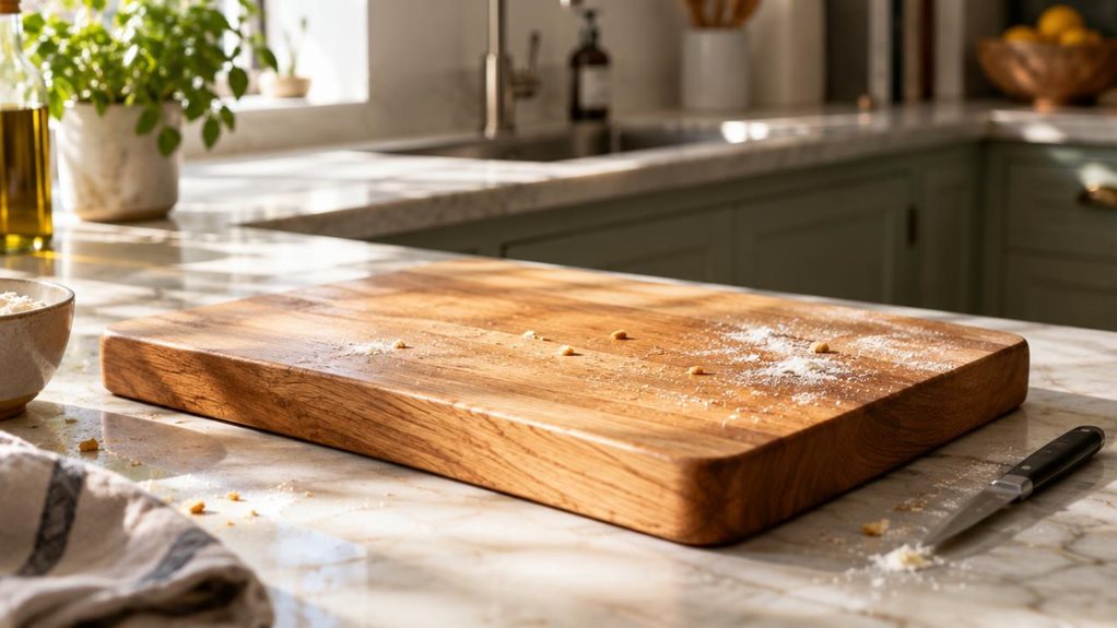 A photograph of a solid oak chopping board resting on a marble kitchen countertop, positioned slightly off-center within a horizontally framed 16:9 scene. The board's thick, honey-toned grain catches warm, natural light streaming in from a nearby window, highlighting its sturdy edges and the subtle sheen of a recent oiling. A few scattered breadcrumbs and a light dusting of flour suggest recent use, while a paring knife rests casually to one side. In the soft-focus background
