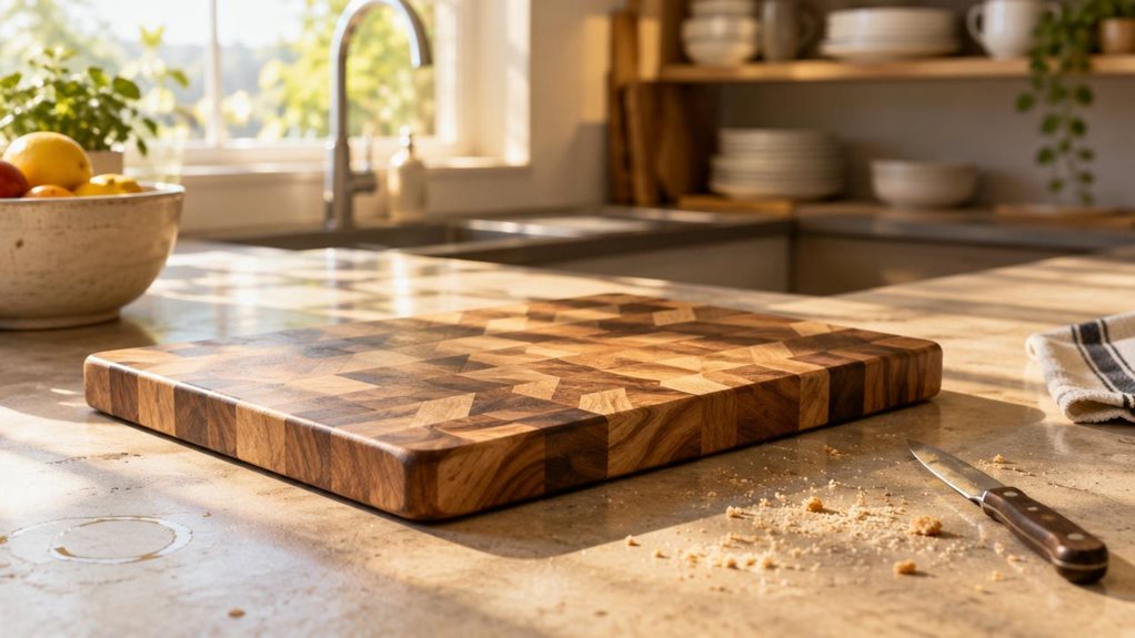A photograph of a Kesper carving board with a mosaic pattern of acacia wood, resting on a sunlit kitchen countertop. The board showcases alternating light and dark wood grains arranged in a geometric mosaic design, its surface polished to a soft natural sheen. A few scattered breadcrumbs and a small paring knife lie beside it, suggesting recent use. Golden morning light streams in from a nearby window, casting gentle shadows across the wood grain and highlighting the rich con