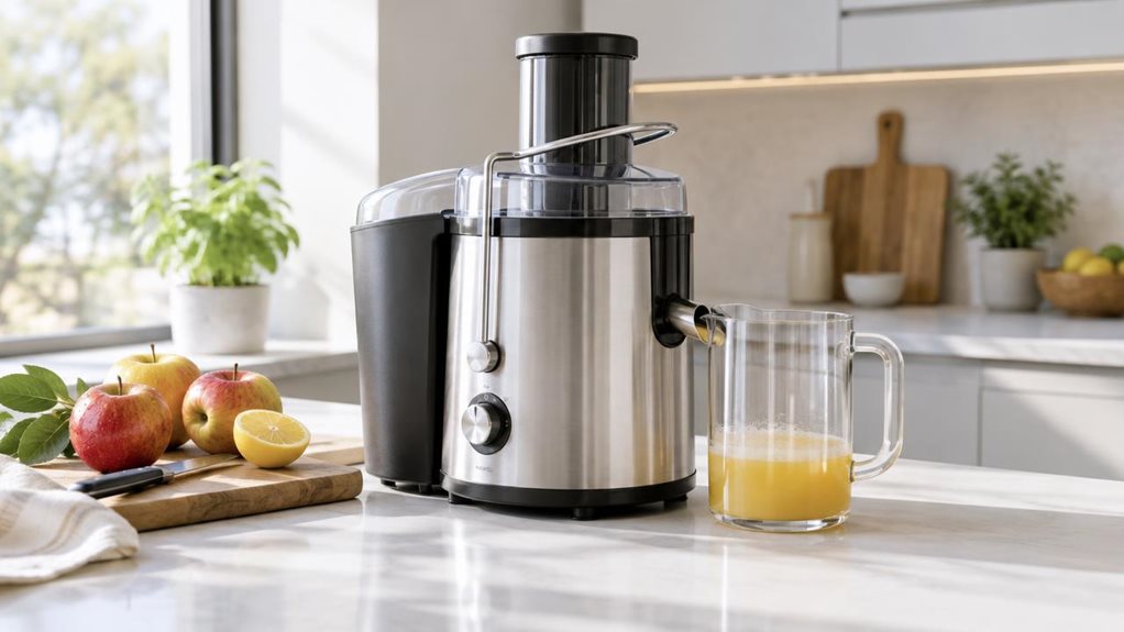 A photograph of a sleek stainless-steel centrifugal juicer placed on a bright, modern kitchen counter, captured in a horizontally composed 16:9 landscape scene with a casual, observational feel. The juicer sits naturally beside a wooden cutting board, a few freshly washed apples, a halved citrus fruit, and a glass pitcher with a hint of pale juice inside, suggesting everyday use without any staged action. Soft morning light streams through a nearby window, creating gentle hig