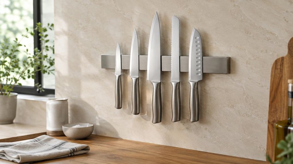 A photograph of a single 40 cm magnetic knife strip mounted horizontally on a warm, pale stone backsplash in a modern home kitchen, composed as a 16:9 landscape scene. Several sleek stainless-steel kitchen knives hang neatly from the strip, their handles aligned and blades catching soft window light. The strip is the clear hero, shown naturally in its everyday setting above a clean wooden countertop with a folded linen towel and a small ceramic bowl nearby. The scene feels ca
