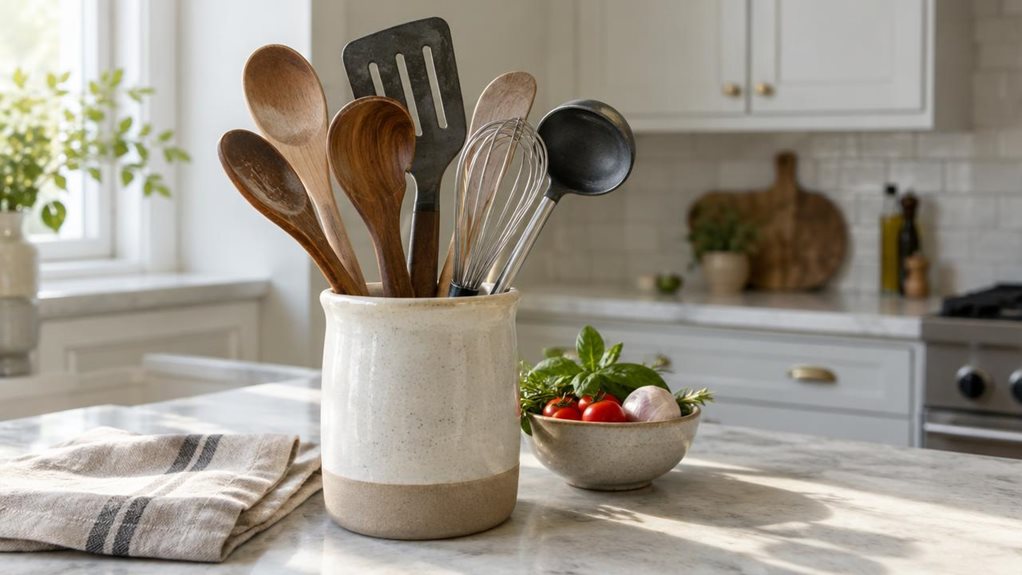 A photograph of a single assorted kitchen utensil set arranged in a ceramic crock on a bright, modern kitchen counter, composed horizontally in a 16:9 landscape frame. Wooden spoons, a slotted turner, a ladle, and a whisk rest naturally together, with a few handles leaning at relaxed angles; their varied materials and subtle everyday wear make the set feel genuinely used. The utensils are the clear hero, shown in their natural kitchen setting beside a folded linen towel and a