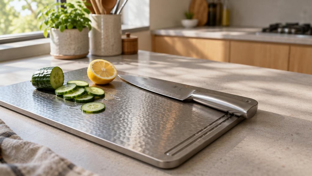 A photograph of a sleek titanium chopping board resting on a modern kitchen countertop, its brushed metallic surface catching soft morning light streaming through a nearby window. The board displays a subtle, hammered texture with faint etched grooves near one edge, designed to channel juices away from sliced vegetables. A few thin slices of cucumber and a half-cut lemon sit casually on its surface, alongside a stainless steel chef's knife placed diagonally, as if just set do