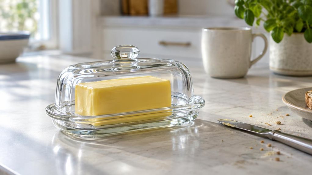 A photograph of a single clear-glass butter dish resting on a pale stone kitchen counter, composed horizontally in a 16:9 landscape frame. The dish has a gently curved, water-sealed base and a smooth glass lid with a small rounded handle; a neat block of golden butter is visible inside, with a shallow ring of water around its base. Nearby, a butter knife and a few crumbs suggest everyday use, while remaining undisturbed. Soft morning light falls through a nearby window, creat