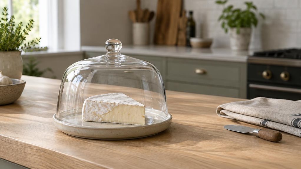 A photograph of a single small glass cheese dome resting on a pale oak kitchen island, composed horizontally in a 16:9 landscape frame. The clear, gently rounded dome covers a wedge of creamy cheese on a simple ceramic plate, with its smooth glass knob catching a subtle highlight. A folded linen cloth and a small cheese knife sit nearby, suggesting an everyday kitchen setting without distracting from the product. Soft natural window light falls across the glass and wood, reve