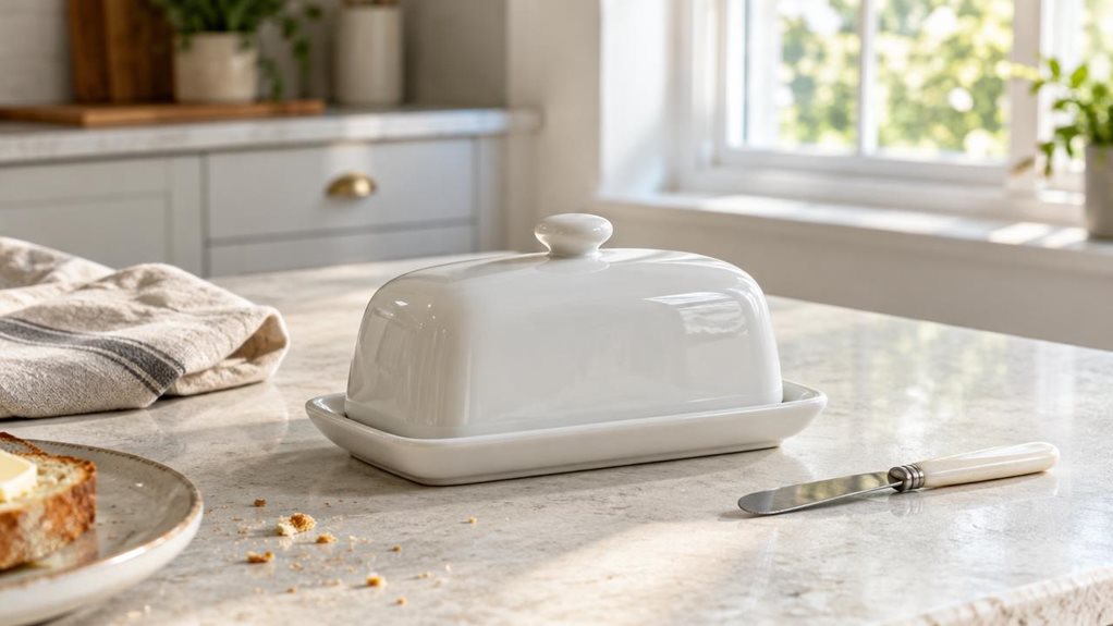 A photograph of a single white ceramic butter dish resting on a pale stone kitchen counter, its gently curved lid set neatly over the base. A small butter knife lies beside it, and a few crumbs and a folded linen napkin lend the scene an unposed, lived-in feel. The dish is the clear hero, shown in its natural kitchen setting with a softly blurred background of simple cabinetry and a sunlit window. Natural morning light falls across the glossy glaze, revealing subtle reflectio