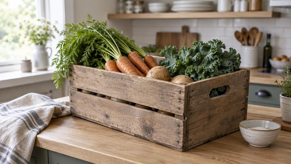 A photograph of a single rustic wooden vegetable crate resting on a farmhouse kitchen counter, composed as a horizontal 16:9 landscape scene. The crate is the clear hero, shown at a natural three-quarter angle with its sturdy slatted sides, simple handholds, and softly weathered wood grain visible. It holds a casual assortment of fresh vegetables—carrots with leafy tops, a few potatoes, and green kale—arranged as if recently brought in from the garden. Around it, a linen tea