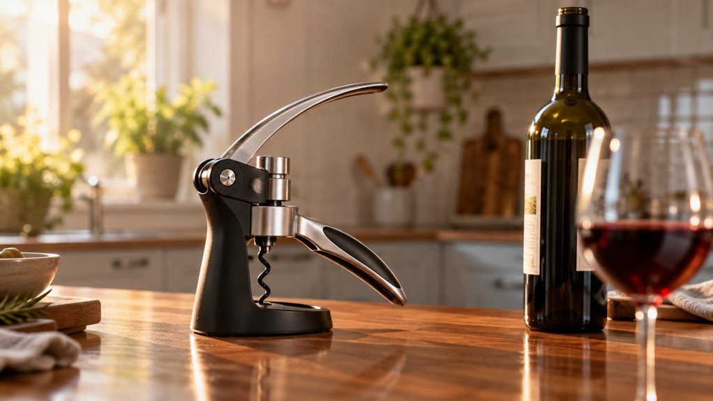 A photograph of a sleek Kitchen Craft BarCraft Lever-Arm Power Arc Corkscrew resting on a polished wooden kitchen countertop, its chrome lever arched upward mid-rest, catching soft daylight streaming through a nearby window. The corkscrew's black and silver body gleams subtly, showing fine brushed-metal texture and precise engineering details. Beside it, an open bottle of red wine casts a faint shadow, with a single wine glass partially filled, slightly out of focus in the fo