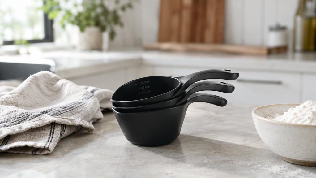 A photograph of a black, three-piece angled measuring cup set resting on a pale stone kitchen counter, composed as a horizontal 16:9 landscape scene. The nested cups are the clear hero, arranged casually beside a folded linen towel and a small bowl of flour, as if left out during everyday meal preparation. Their matte-black finish, curved handles, and slanted measuring interiors are sharply rendered, with subtle highlights revealing realistic material and fine measurement mar