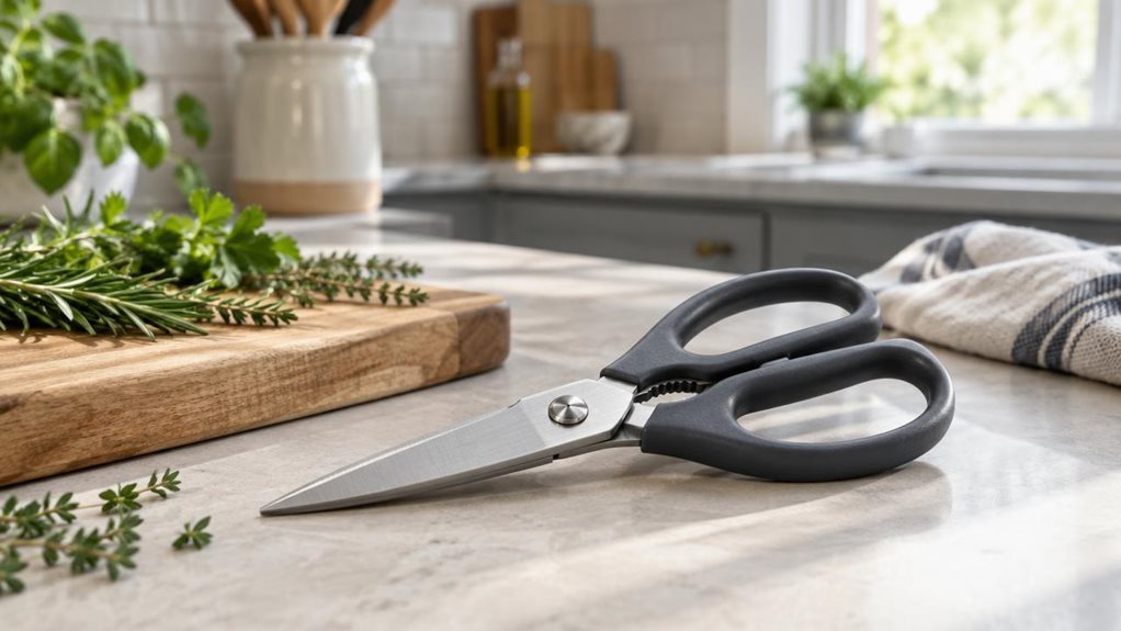 A photograph of a pair of all-purpose kitchen shears resting naturally on a pale stone countertop beside a wooden cutting board, in a bright, modern home kitchen. The shears are the clear hero: realistic stainless-steel blades with a subtle brushed finish and sturdy, matte charcoal handles, shown closed and angled slightly toward the viewer. Nearby, a few fresh herb sprigs and a folded linen towel add understated signs of everyday kitchen use without making the scene feel sta