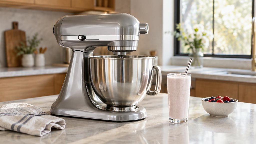 A photograph of a single polished stand mixer with a stainless-steel bowl, placed on a pale stone kitchen counter in a bright, modern home. The mixer is the clear hero, shown at rest beside a tall glass of creamy milkshake and a simple metal straw, suggesting a relaxed kitchen review without depicting any action. A folded linen towel and a small bowl of berries add understated lifestyle detail, while warm wood cabinetry and a sunlit window create a natural, lived-in setting. 