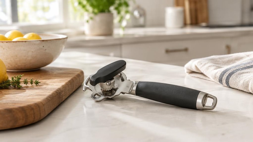 A photograph of a sleek, multifunction manual can opener and bottle opener resting casually on a bright, modern kitchen countertop, framed in a horizontal 16:9 landscape composition. The tool sits naturally beside a wooden cutting board, a ceramic bowl, and a folded linen towel, with the scene suggesting an everyday home kitchen rather than a staged product shot. Soft morning light spills in from a nearby window, casting gentle highlights across the brushed metal and matte ha