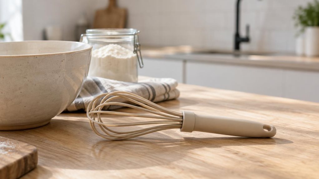 A photograph of a single almond-colored silicone whisk resting casually on a light oak countertop in a modern, sunlit kitchen, framed in a horizontal 16:9 landscape composition. The whisk sits beside a ceramic mixing bowl, a folded linen towel, and a small glass jar of flour, suggesting a real home cooking moment without any action underway. Soft natural light pours in from an out-of-frame window, creating gentle highlights on the smooth silicone loops and subtle shadows acro