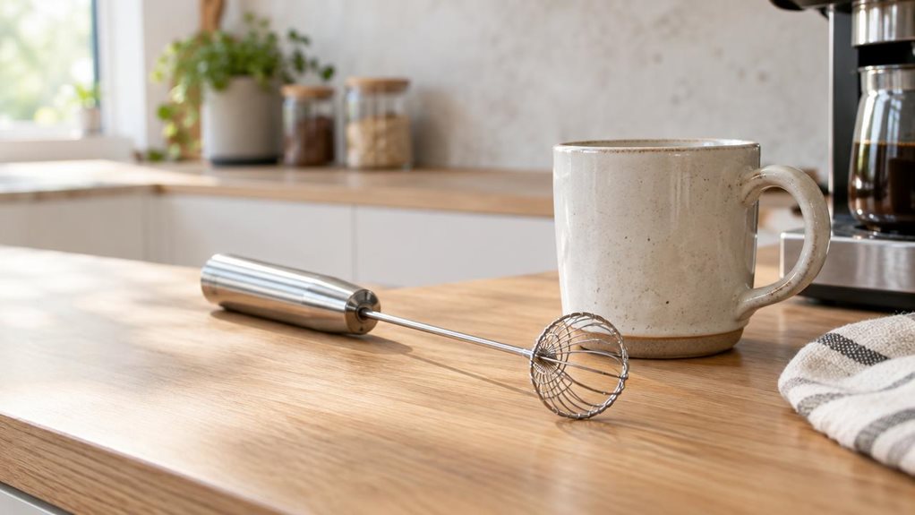 A photograph of a stainless steel manual foam whisk resting casually beside a ceramic mug on a light oak kitchen counter, framed in a horizontal 16:9 landscape composition. The whisk is the clear hero of the scene, positioned naturally in a modern, minimalist kitchen with matte white cabinets, a pale stone backsplash, and a subtle glimpse of a coffee setup nearby. Soft morning light spills in from the left, creating gentle highlights across the polished metal loops and a warm
