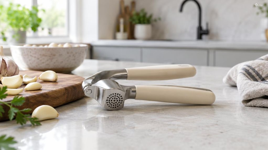 A photograph of a single almond creme stainless steel garlic press resting casually on a pale stone countertop in a bright, modern kitchen, framed in a horizontal 16:9 landscape composition. The tool is the clear hero of the scene, positioned near a wooden cutting board with a few peeled garlic cloves nearby, beside a softly out-of-focus ceramic bowl and a folded linen towel. Natural window light washes across the brushed metal and creamy finish, revealing subtle reflections