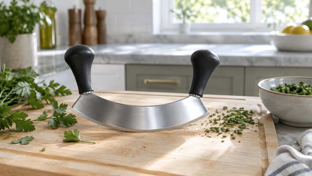 A photograph of a single mezzaluna knife resting on a pale wooden cutting board in a bright, modern home kitchen. The curved stainless-steel blade and two dark ergonomic handles are the clear focal point, with a few loosely scattered herb leaves and a small bowl of chopped greens nearby, suggesting everyday use without showing anyone mid-action. The knife is naturally settled among the kitchen surroundings, not arranged like a catalog display. A softly blurred background reve