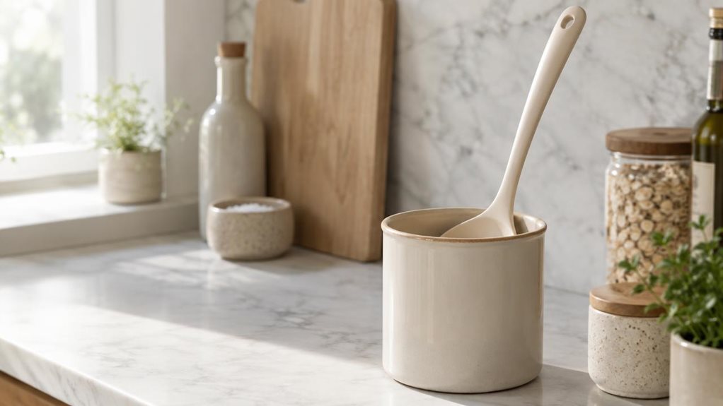 A photograph of a single almond-cream ladle resting casually in a ceramic utensil crock on a clean, modern kitchen counter, framed in a horizontally composed 16:9 landscape scene. The ladle is the clear hero of the image, shown in its natural setting beside a softly blurred marble backsplash, pale wood cutting board, and a few neutral-toned pantry items that suggest a calm, contemporary home. Natural daylight streams in from the left, creating gentle highlights along the ladl