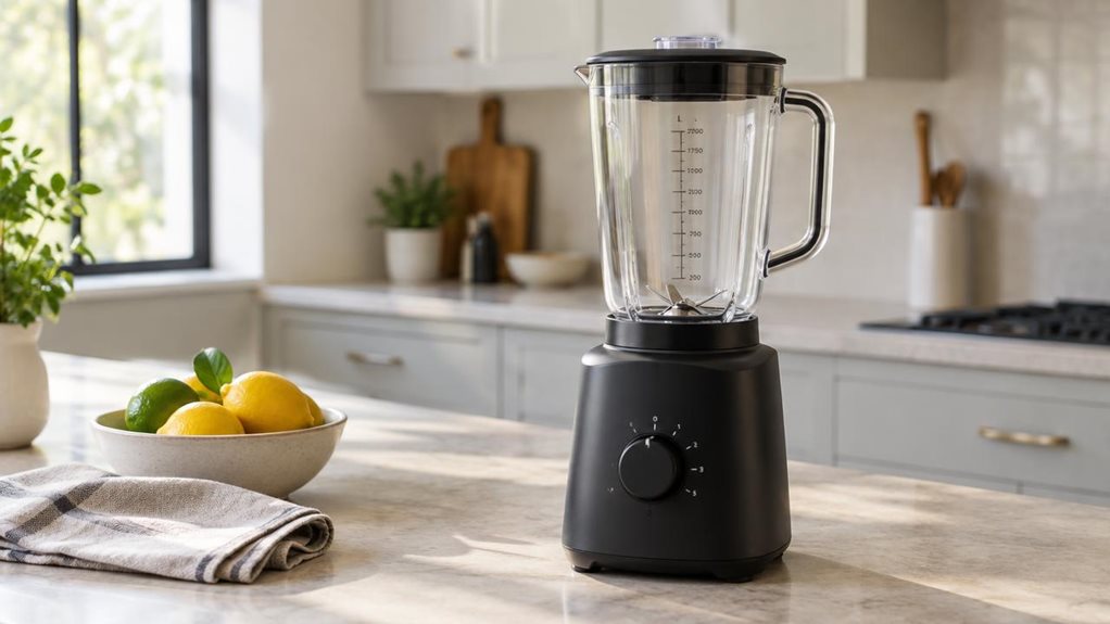 A photograph of a single matte-black, 2-liter countertop blender on a pale stone kitchen island, composed as a horizontal 16:9 landscape. Its clean, sculptural base and clear jug are the focal point, with the lid resting neatly in place and the power cord tucked discreetly out of view. The blender sits naturally in a calm, modern kitchen, beside a small bowl of citrus and a folded linen tea towel—subtle signs of everyday use, with no one in the frame. Soft morning light enter
