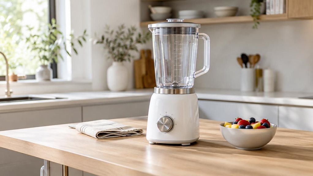 A photograph of a sleek, 2L BPA-free countertop blender placed naturally on a light oak kitchen island in a bright, modern home kitchen, shown in a horizontal 16:9 landscape composition. The blender has a clear, sturdy pitcher, a matte white base, and subtle stainless-steel accents, sitting beside a folded linen towel and a small bowl of fresh fruit to suggest everyday use without feeling staged. Soft morning light washes in from a nearby window, creating gentle highlights on