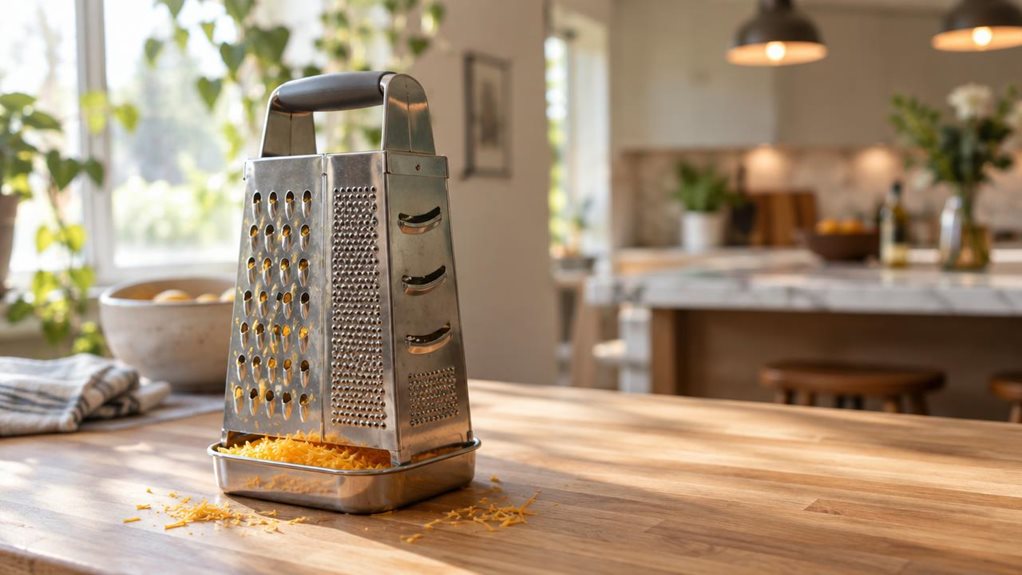 A photograph of a stainless steel square box grater standing upright on a light oak butcher block countertop, positioned slightly off-center in a sunlit kitchen. Natural window light streams in from the left, catching the sharp ridges and perforated surfaces of the grater's four distinct sides—coarse shredding, fine shredding, slicing, and zesting textures all visible in the raking light. A small mound of freshly grated cheddar cheese rests in the built-in catch tray at the b
