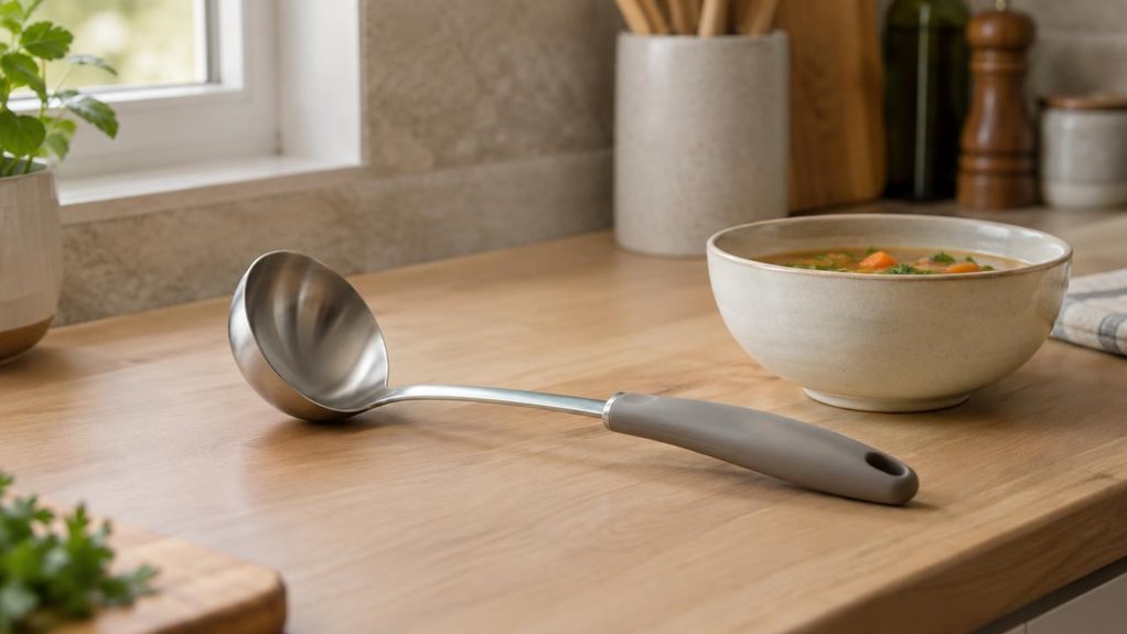 A photograph of a single kitchen ladle with a soft matte handle resting naturally beside a ceramic soup bowl on a light oak countertop, framed in a horizontal 16:9 landscape composition. The ladle is the clear hero of the scene, positioned slightly off-center in a calm, lived-in modern kitchen with warm neutral tones, subtle stone backsplash, and a few softly out-of-focus utensils in the background. The lighting is natural and diffused, coming from a nearby window, creating g